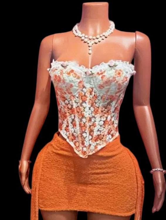 Floral Embroidery Corset Skirt Set