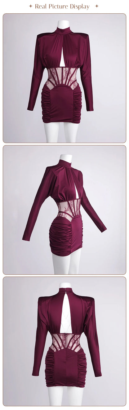 Burgundy Satin Corset Ruched Dress