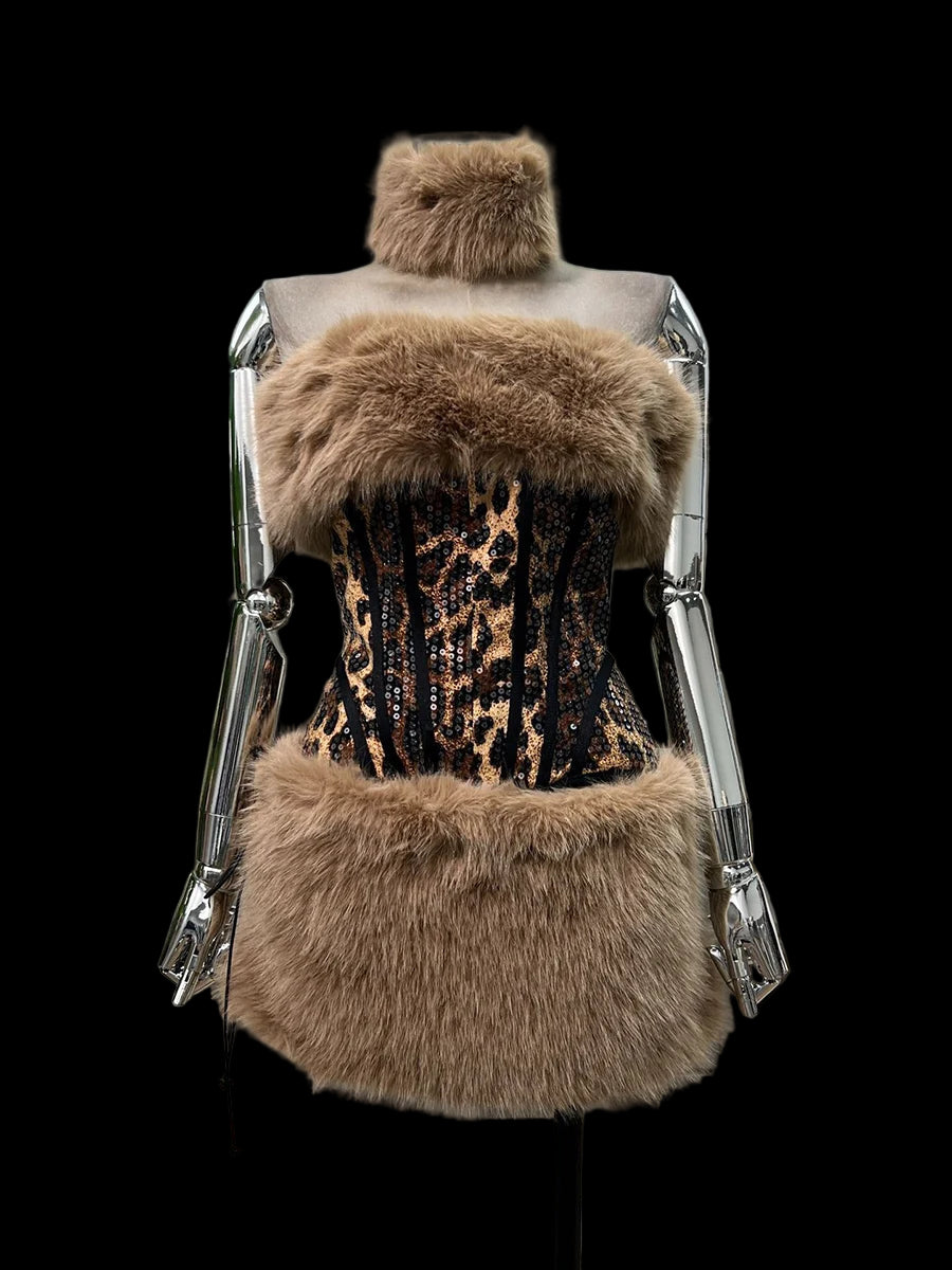 Plush Fur Leopard Mini Skirt Set