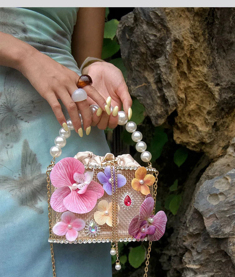Flower Beaded Bucket Handbag