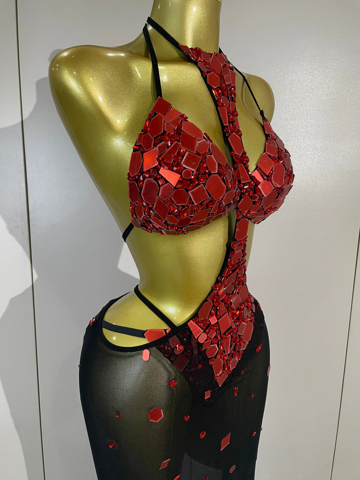 Red Mirror Bikini Mesh Skirt Set