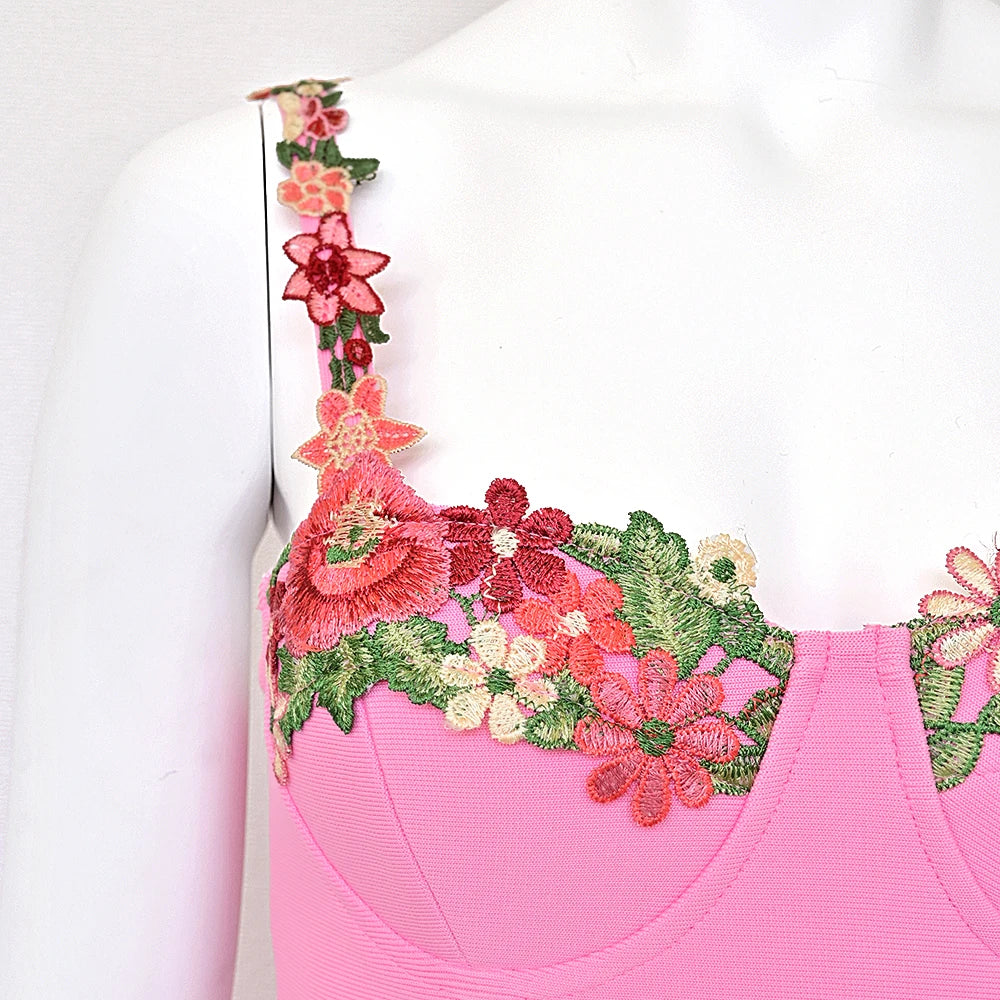 Pink Embroidery Bandage Mini Dress