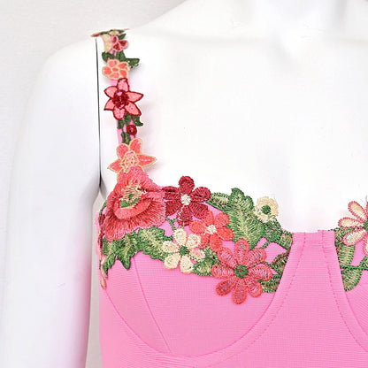 Pink Embroidery Bandage Mini Dress