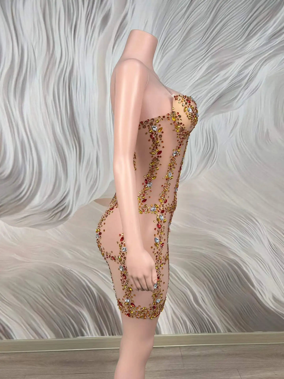 Jazzy Rhinestone Mesh Mini Dress