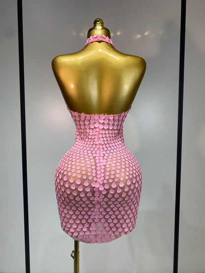 Pink Sequins Backless Mini Dress