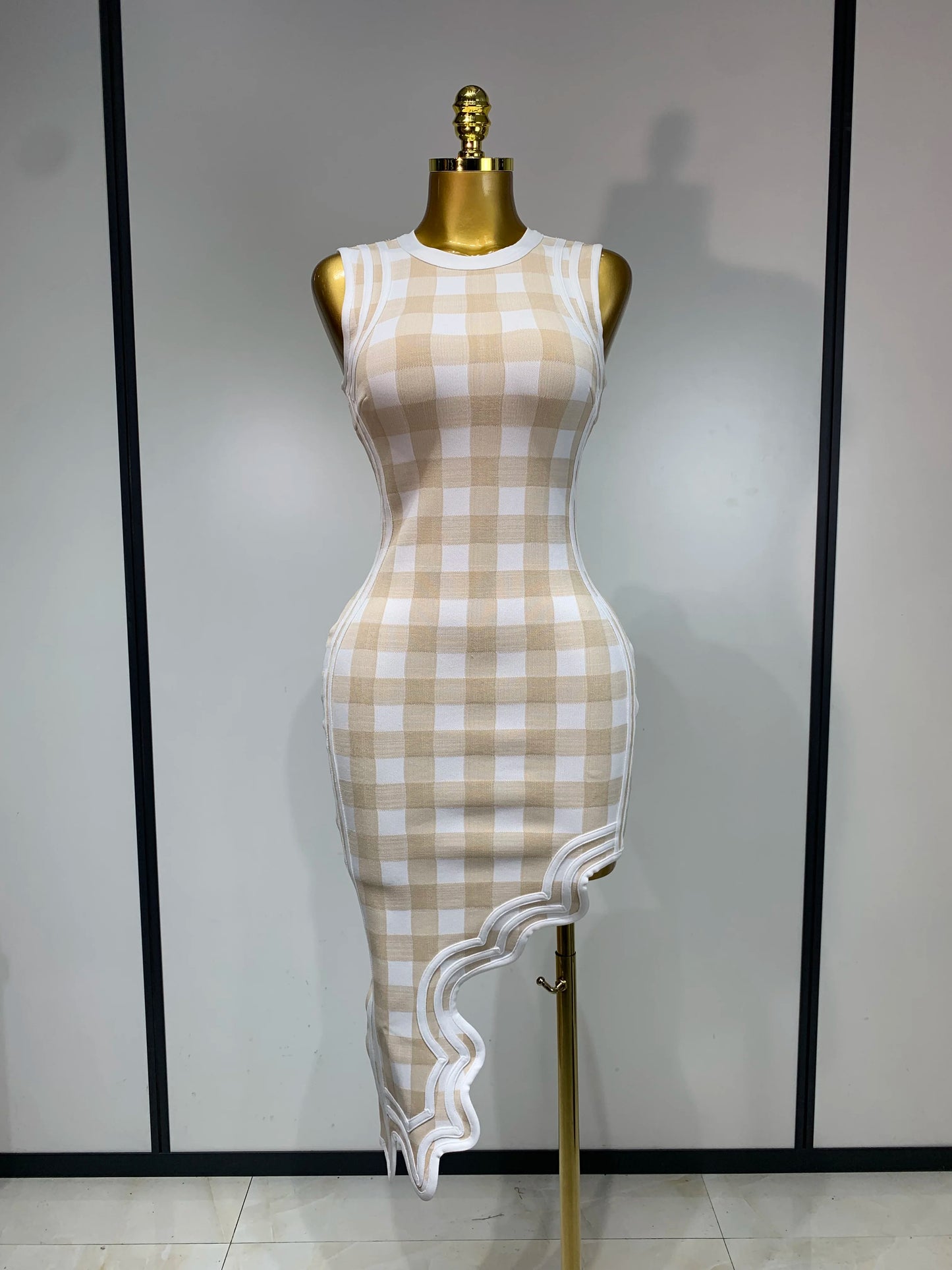Plaid Asymmetrical Bandage Dress