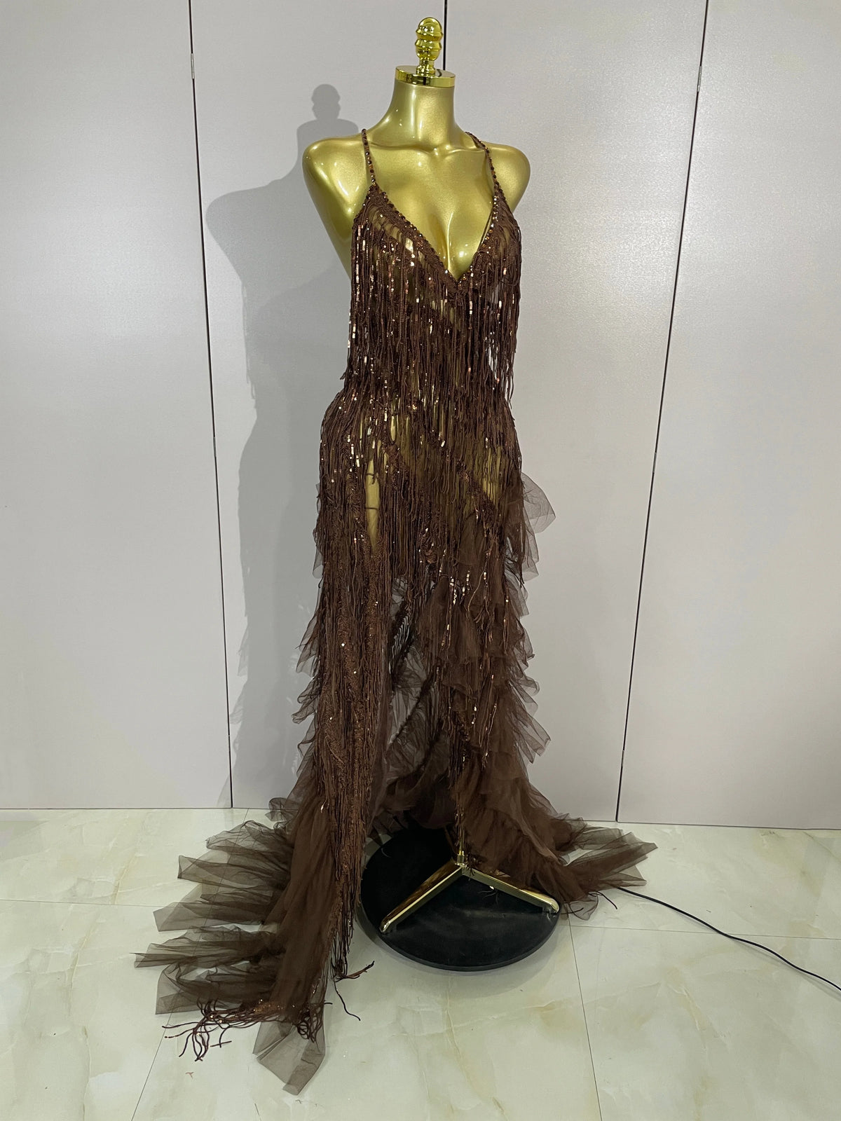 Alisa Rhinestone Tassel Sheer Maxi Dress