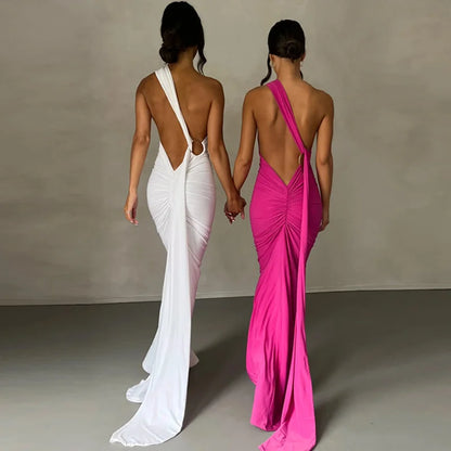 Oblique Backless Ruched Maxi Dress