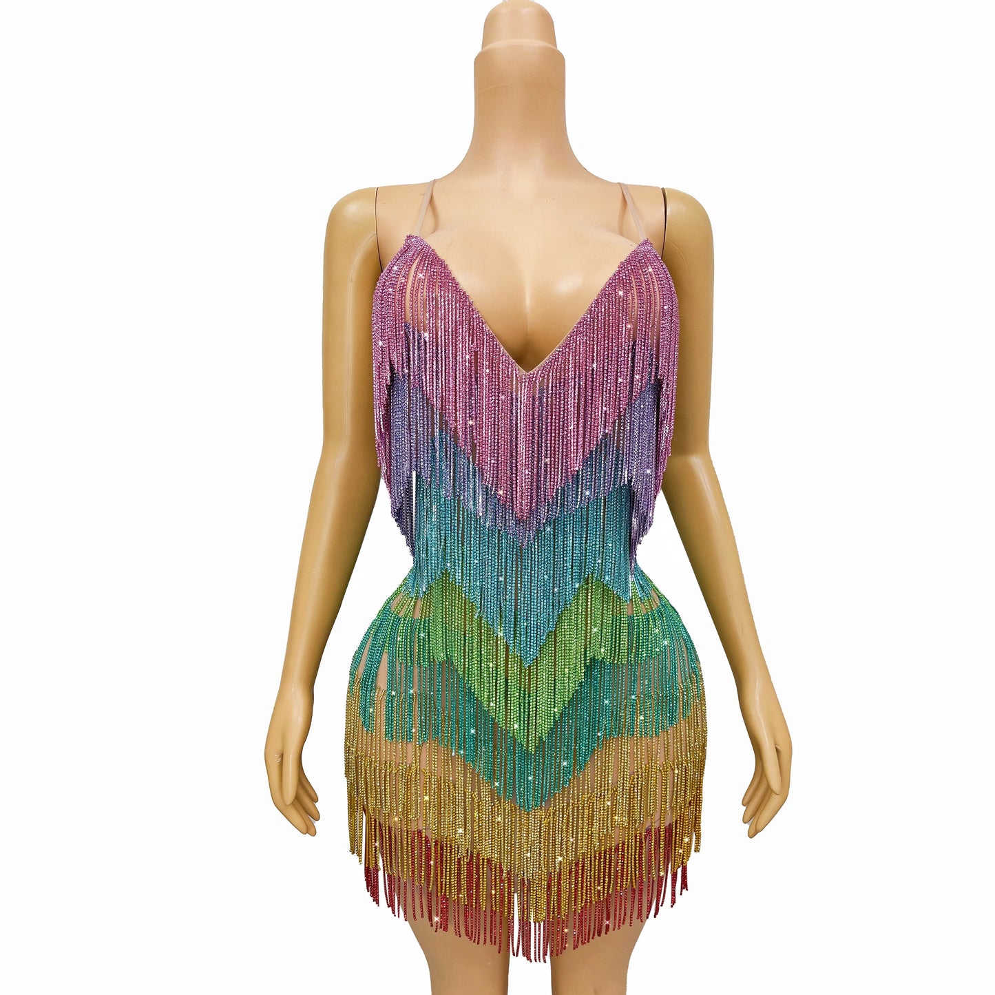 Blingbling Rainbow Tassel Fringe Mini Dress