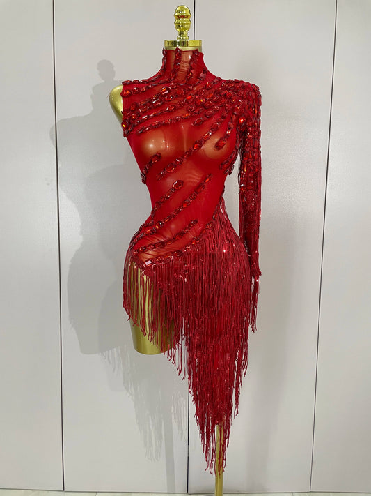 Iris Rhinestone Mesh Tassel Dress