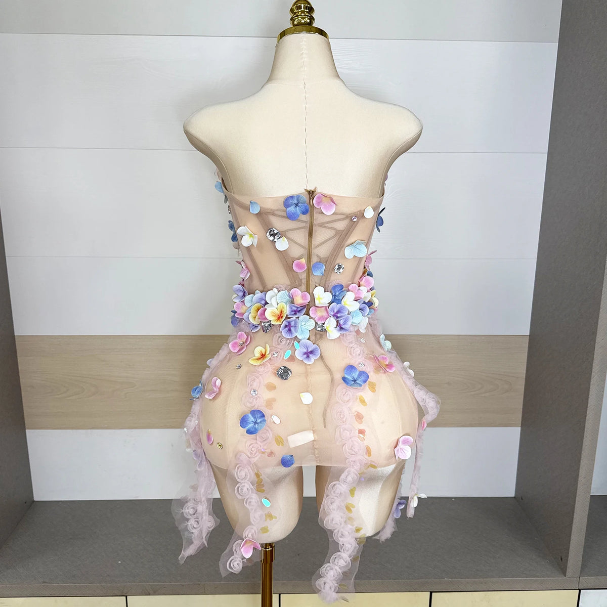Garden Petal Rhinestone Mesh Dress