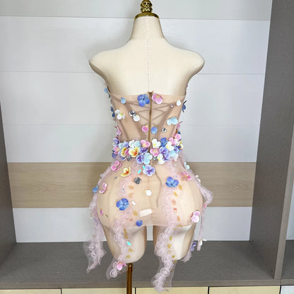 Garden Petal Rhinestone Mesh Dress