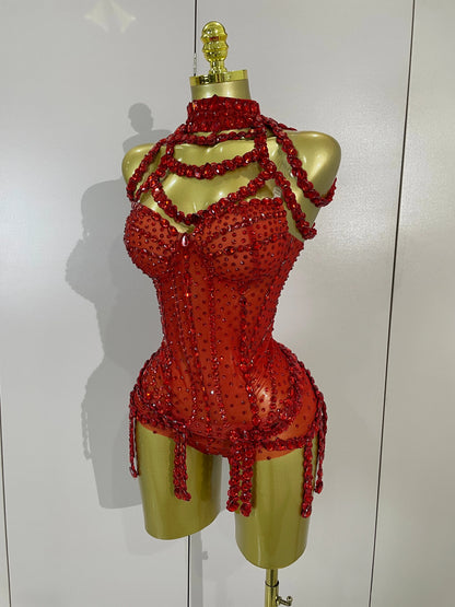 Red Rhinestone Mesh Bodysuit