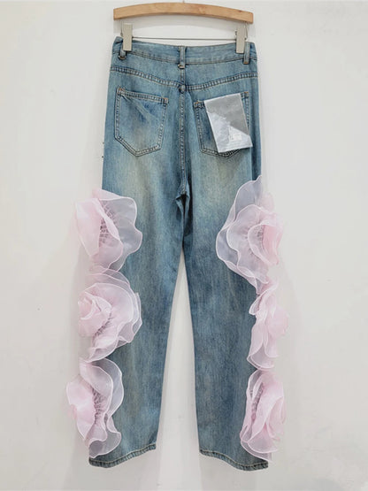 3D Flowers High Waist Jeans