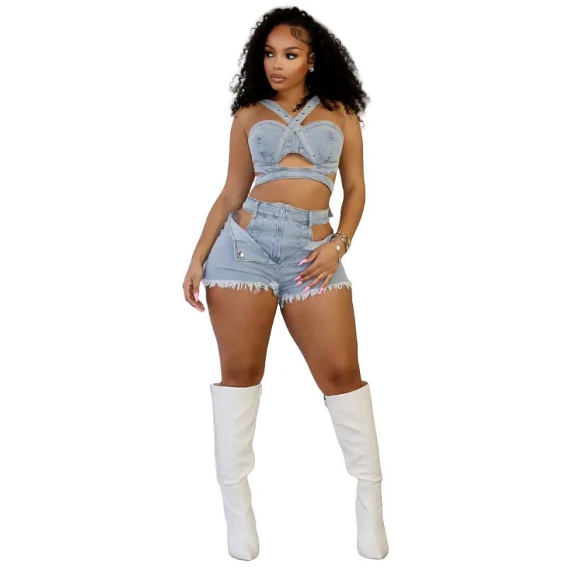 Shilla Cutout Denim Short Set