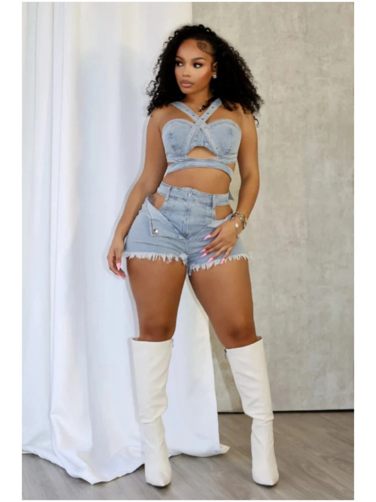 Shilla Cutout Denim Short Set