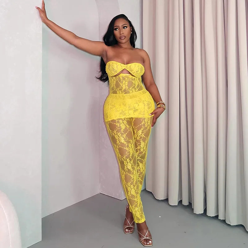 Lacey Yellow Mesh Pants Set