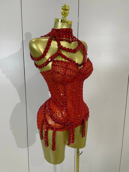 Red Rhinestone Mesh Bodysuit