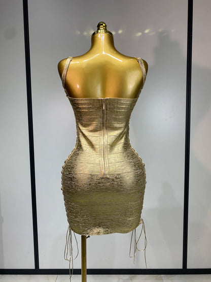 Metallic Side Lace Up Bandage Mini Dress