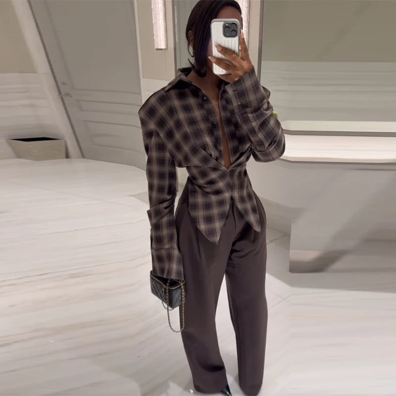 Chic Plaid Flattering Shirt Blouse