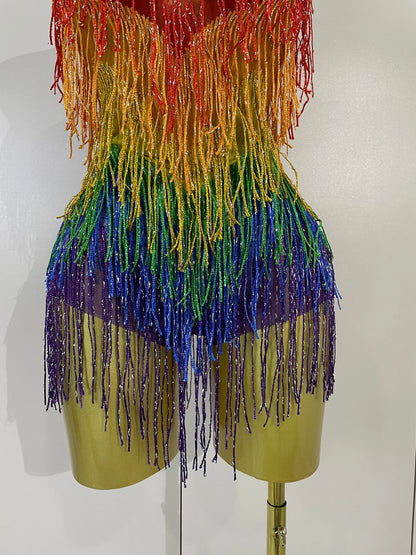 Rainbow Mesh Fringe Bodysuit