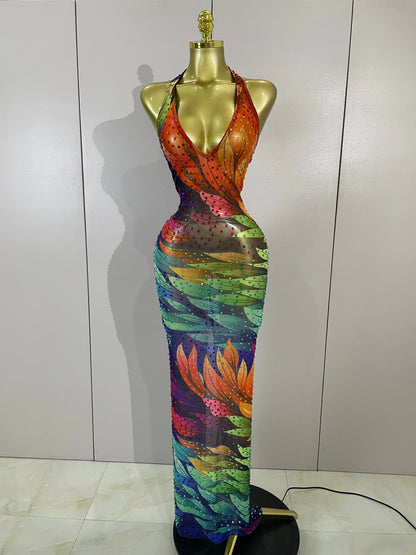 Sparkly Colorful Rhinestone Mesh Maxi Dress