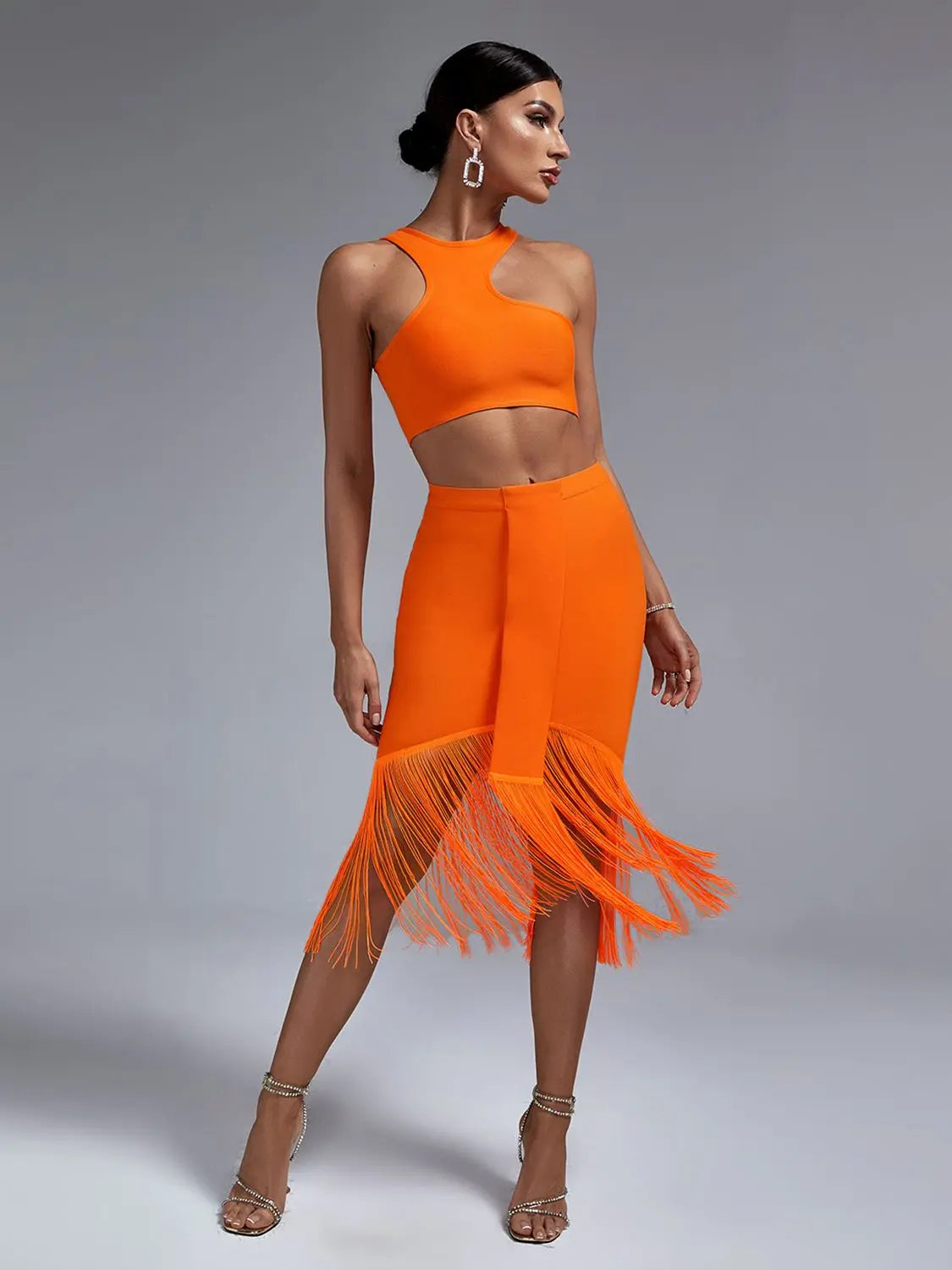 Orange Fringed Bandage Skirt Set
