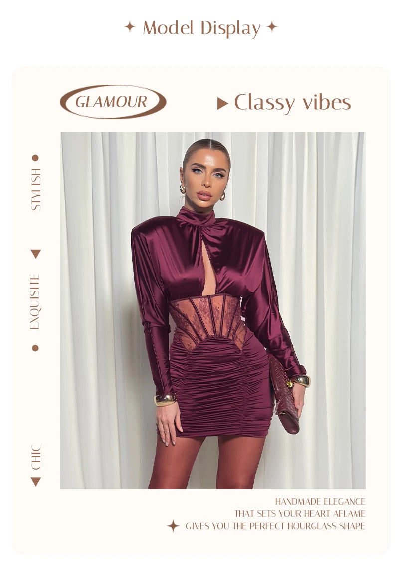 Burgundy Satin Corset Ruched Dress