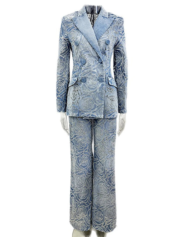 Blue Denim Blazer Pants Set