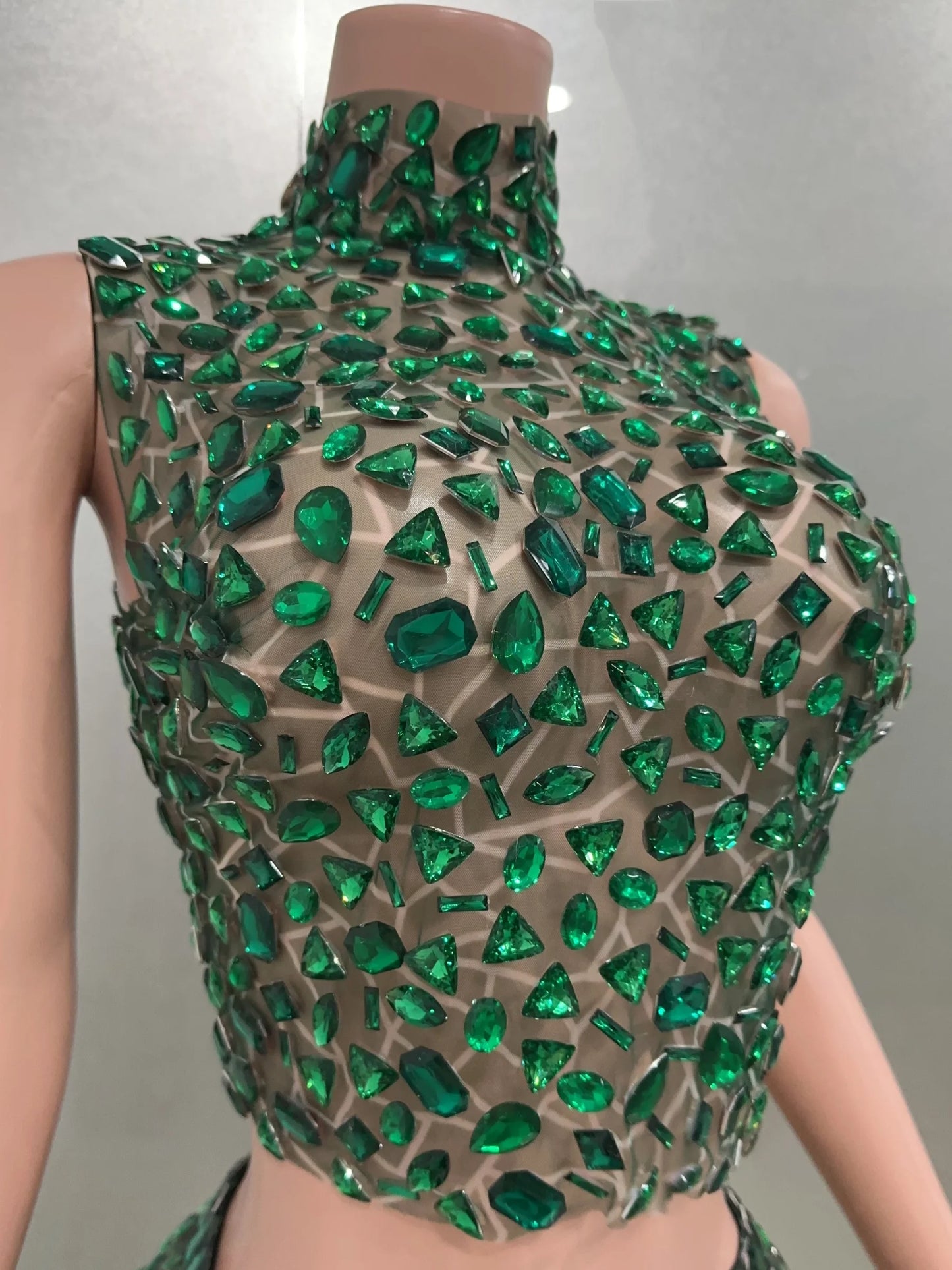 Rhinestone Green Mini Skirt Set