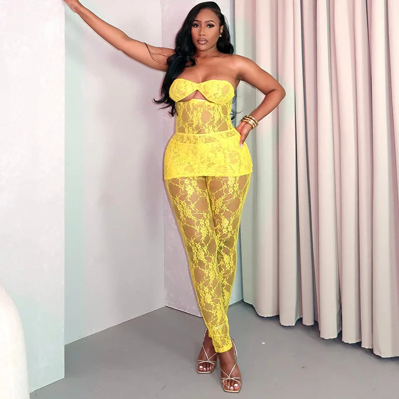 Lacey Yellow Mesh Pants Set