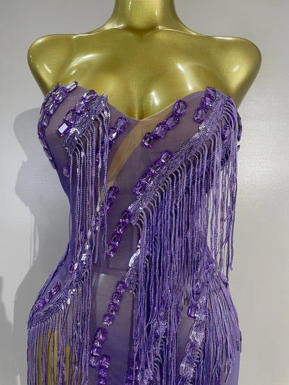Purple Tassel Mesh Maxi Dress
