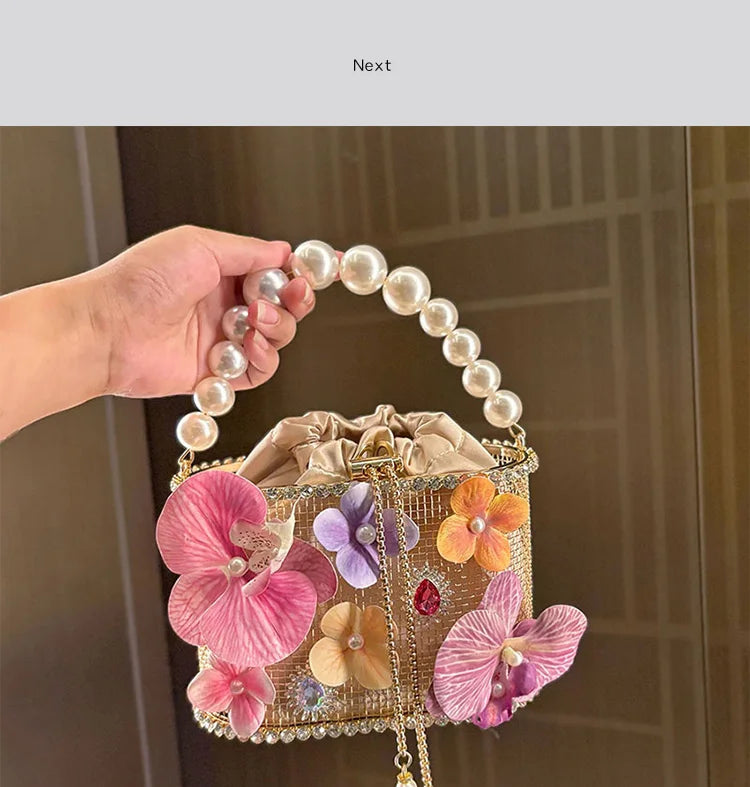 Flower Beaded Bucket Handbag