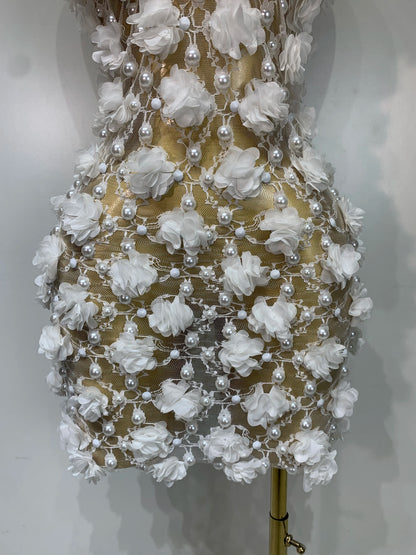 Bloom Pearls Lace Mini Dress