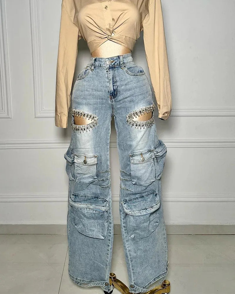 Cutout Diamonds Multi Pockets Jeans