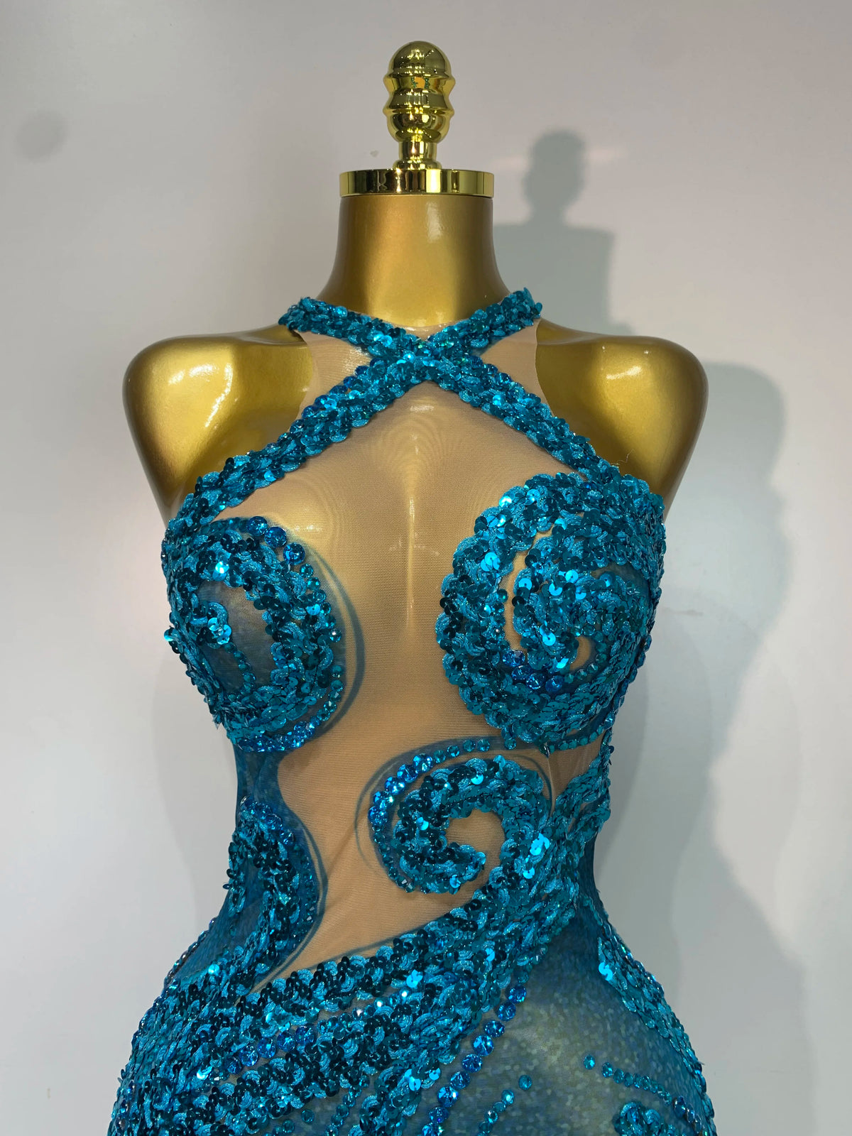 Blue Rhinestone Sequins Mesh Maxi Dress