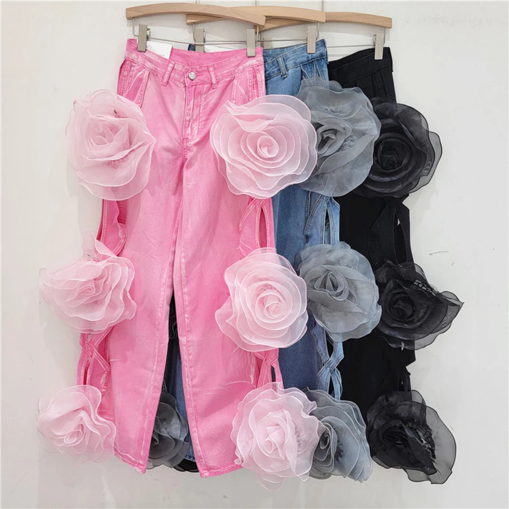 3D Flower Denim Pants