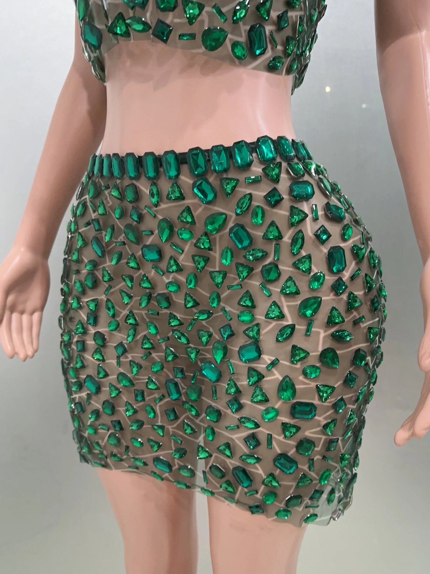 Rhinestone Green Mini Skirt Set