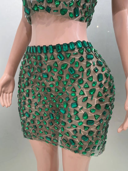 Rhinestone Green Mini Skirt Set