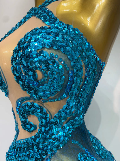 Blue Rhinestone Sequins Mesh Maxi Dress