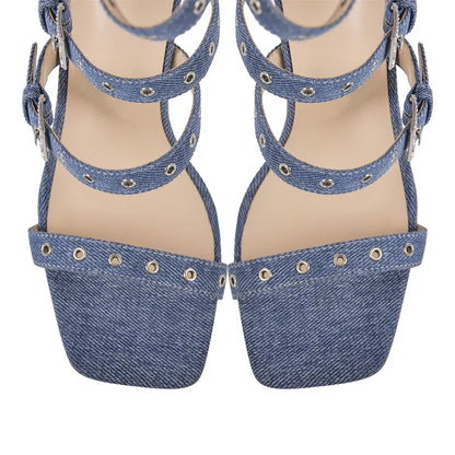 Denim Buckle Stiletto Boot Sandals