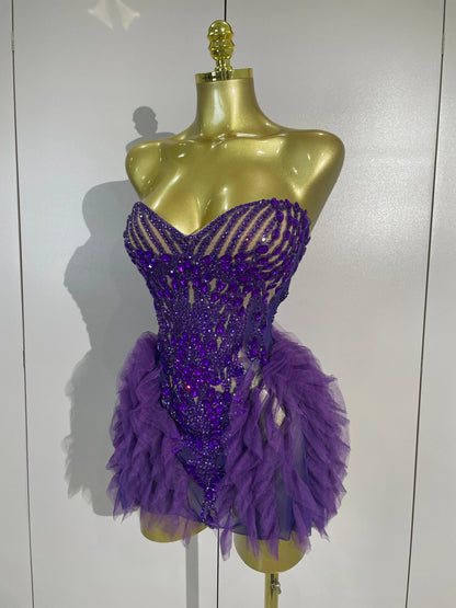 Purple Rain Mesh Ruffled Mini Dress