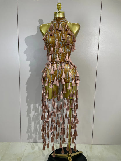 Olanda Mesh Bodysuit Tassel Dress