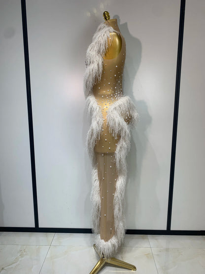 Pearl Crystal Mesh Tassel Maxi Dress