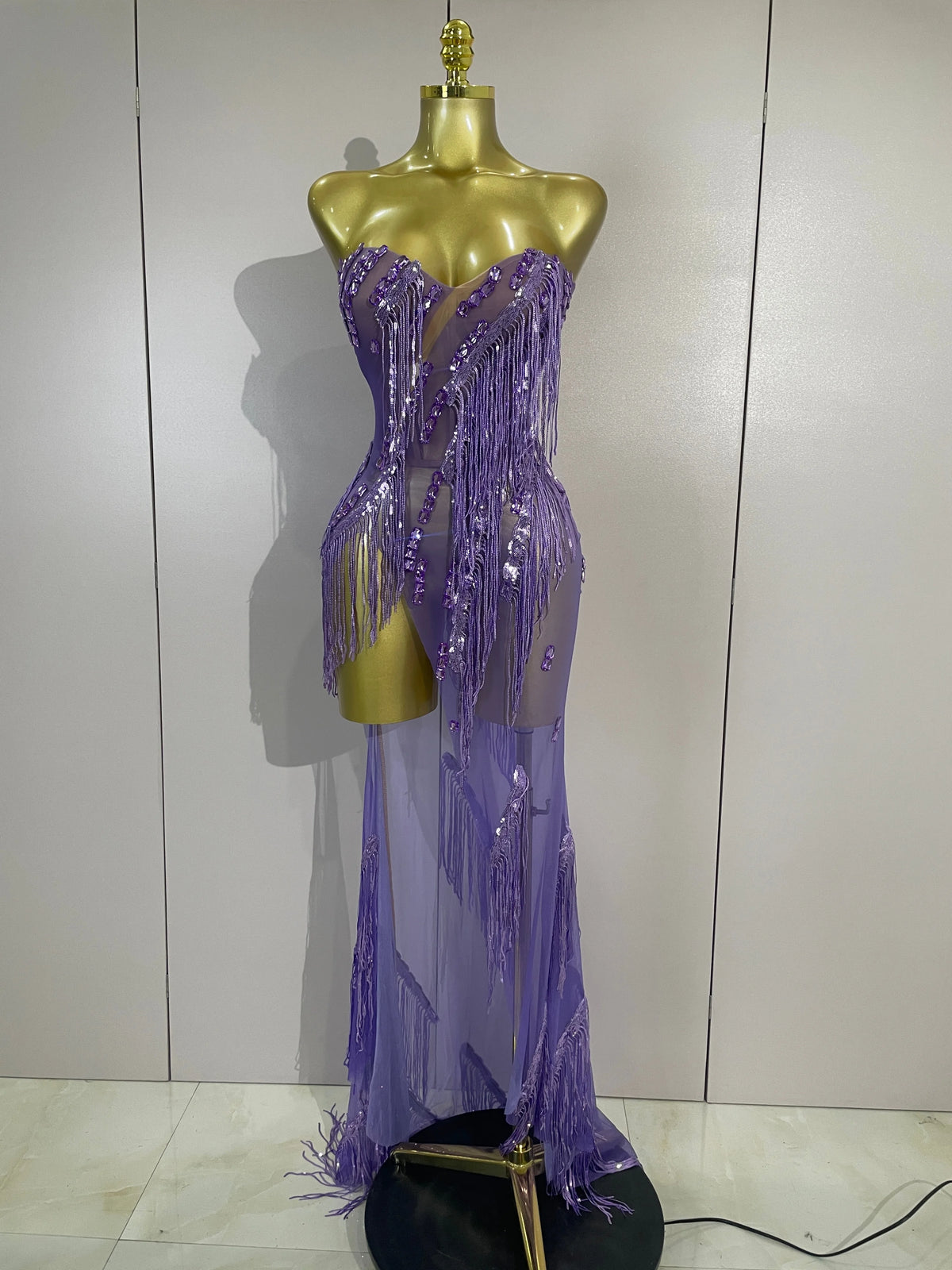 Purple Tassel Mesh Maxi Dress