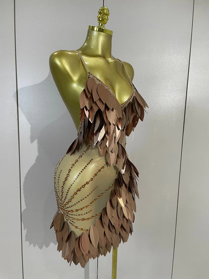 Leafy Sequins Mesh Mini Dress