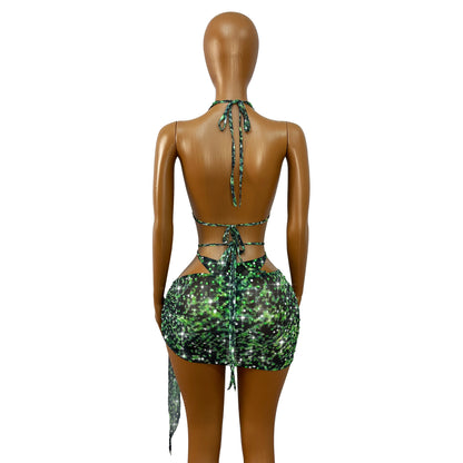 Green Rhinestone Mesh Skirt Set