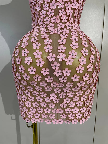 Pink Flower Sequin Mesh Dress