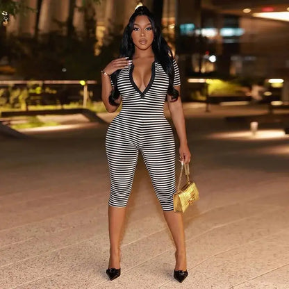 Deep V-Neck Striped Romper
