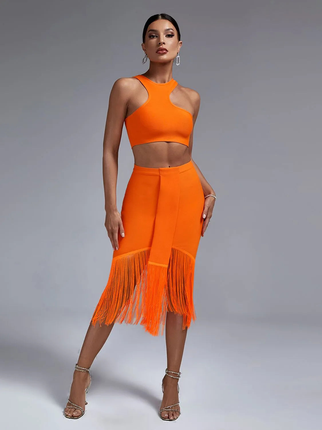 Orange Fringed Bandage Skirt Set